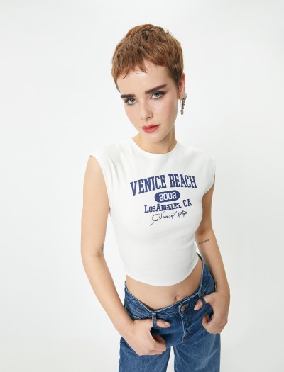 Koton Kadın Kolsuz Crop T-shirt Baskılı Slim Fit Pamuklu