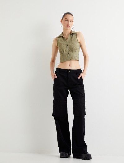 Koton Kadın Kolsuz Crop Gömlek Slim Fit Korse Detaylı