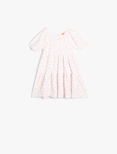 Koton Kız Bebek Çiçekli Elbise Kısa Balon Kollu Yuvarlak Yaka Katlı