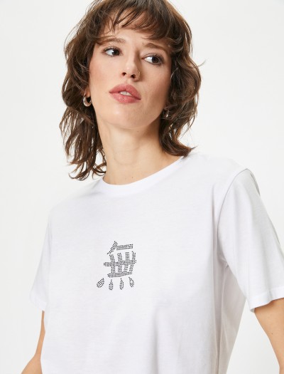 Koton Kadın Taş Baskılı T-shirt Kısa Kollu Bisiklet Yaka Pamuklu