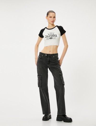 Koton Kadın Kargo Kot Pantolon Düz Paça Standart Bel Cepli Pamuklu – Nora Cargo Straight Jeans
