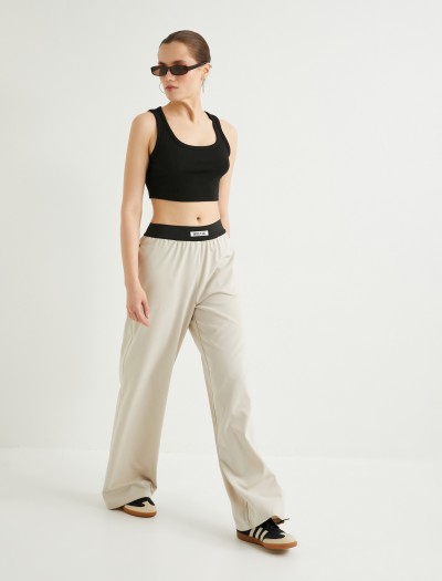Koton Kadın Bol Paça Pantolon Beli Lastikli Renk Kontrastlı Viskon Kumaş Karışımlı