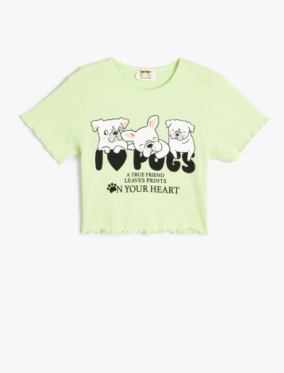 Koton Crop T-shirt Köpek Baskılı Kısa Kollu Yuvarlak Yaka Pamuklu