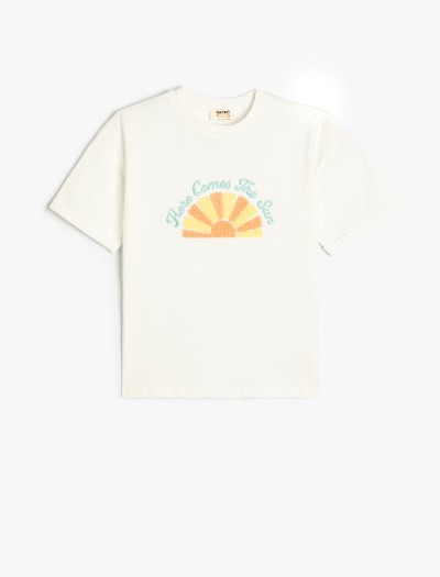 Koton T-shirt Deniz Kabuğu Aplikeli İşlemeli Kısa Kollu Pamuklu