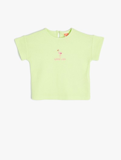 Koton Kız Bebek T-shirt Kısa Kollu Flamingo İşlemeli Bisiklet Yaka Pamuklu