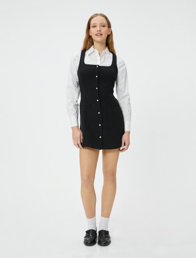 Koton Kadın Mini Tüvit Elbise Salopet İnci Düğme Detaylı Cepli Slim Fit