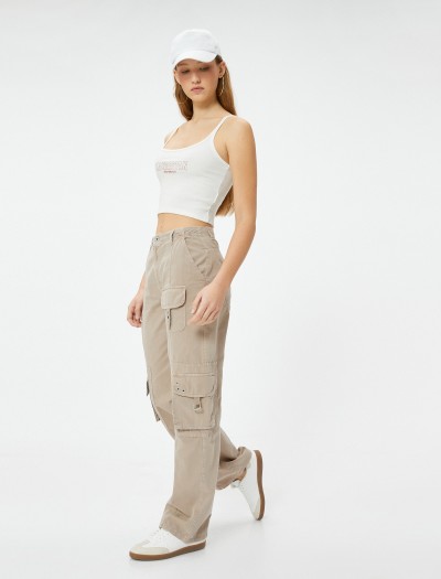Koton Kadın Kargo Pantolon Düz Paça Cepli Standart Bel – Eve Cargo Straight Jeans