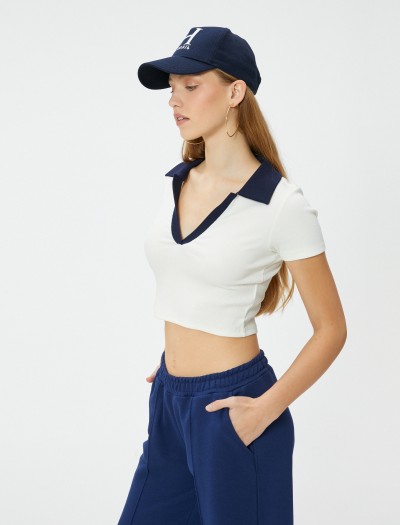 Koton Kadın Polo Yaka Crop T-shirt Renk Kontrastlı Kısa Kollu Slim Fit