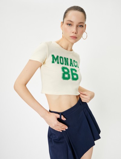 Koton Kadın Crop Monaco T-shirt Kısa Kollu Bisiklet Yaka Pamuklu Slim Fit