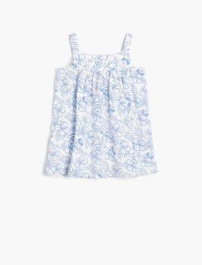 Koton Kız Bebek Askılı Elbise Çiçek Desenli Kare Yaka Viskon Kumaş