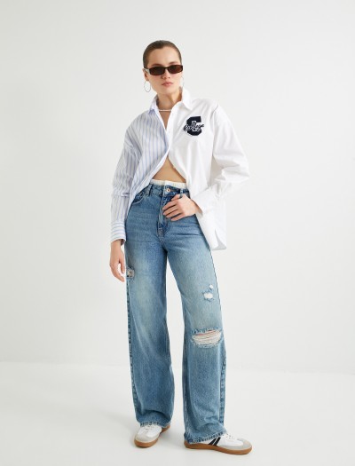 Koton Kadın Geniş Paça Kot Pantolon Standart Bel Yıpratılmış Detaylı Cepli – Bianca Wide Leg Jeans