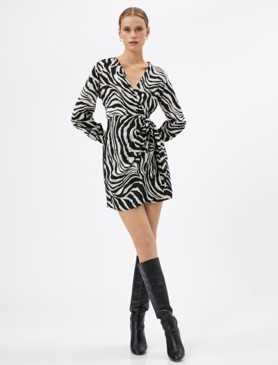 Koton Kadın Zebra Desenli Elbise Mini Anvelop Uzun Kollu V Yaka