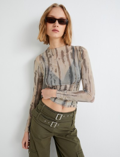 Koton Kadın Tül Transparan T-shirt Batik Desenli Uzun Kollu Dik Yaka