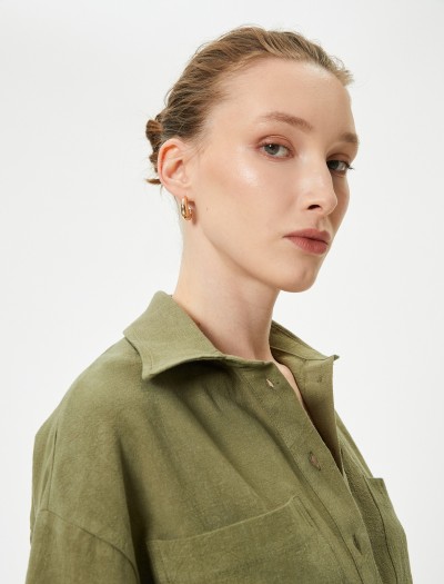 Koton Kadın Crop Oversize Gömlek Viskon Keten Karışımlı Düğmeli Kısa Kollu Cepli